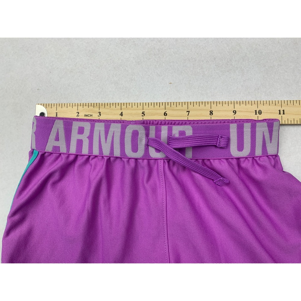 Under Armour Girls HeatGear Athletic Shorts Purple Teal YSM Loose Fit Drawstring - Picture 4 of 6